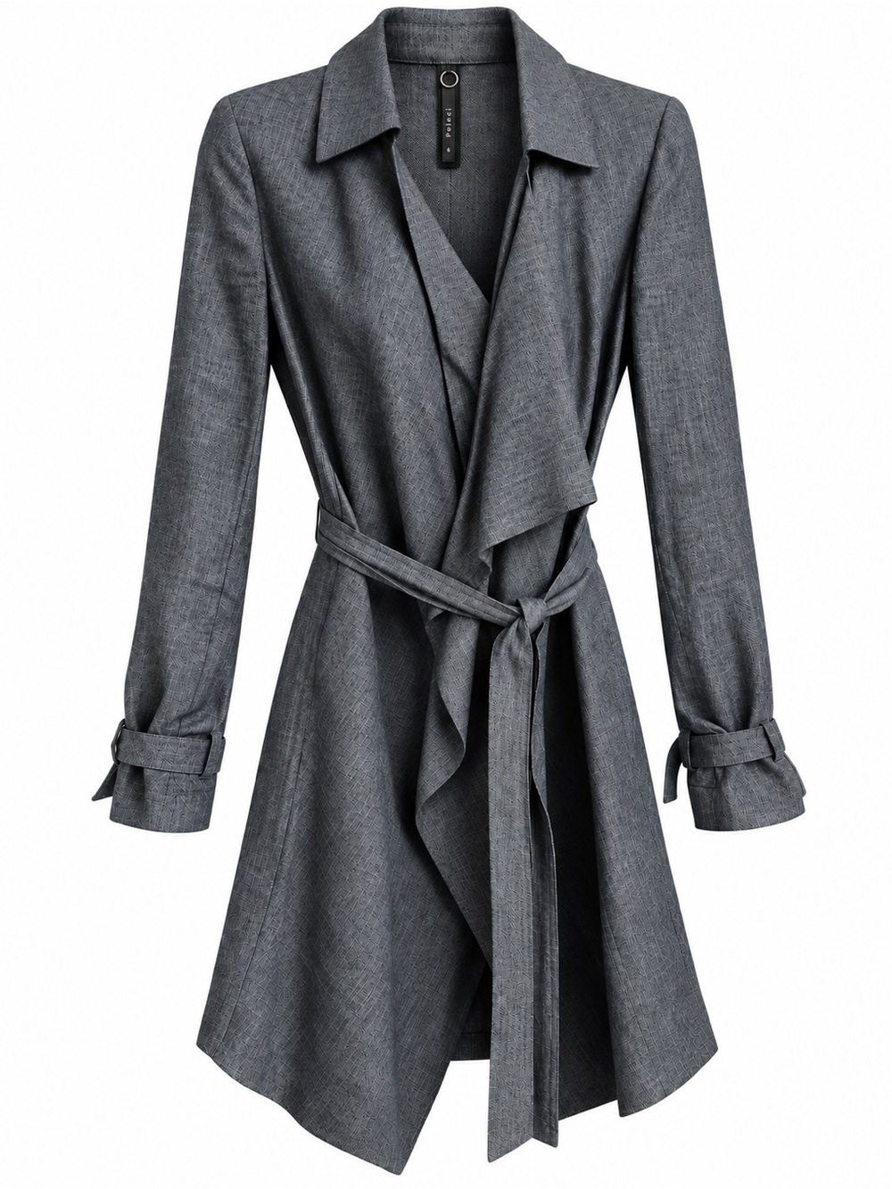 Poleci Blue Denim Linen Blend Draped Belted Wrap Trench Coat 6